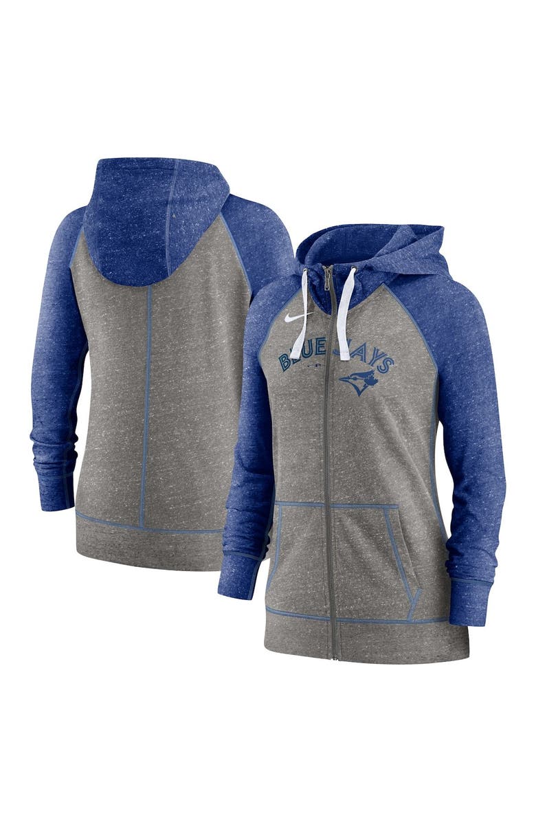 Nike Women's Nike Heathered Charcoal/Heathered Royal Toronto Blue Jays Split Wordmark Gym Vintage Raglan Slub Full-Zip Hoodie, Alternate, color,
