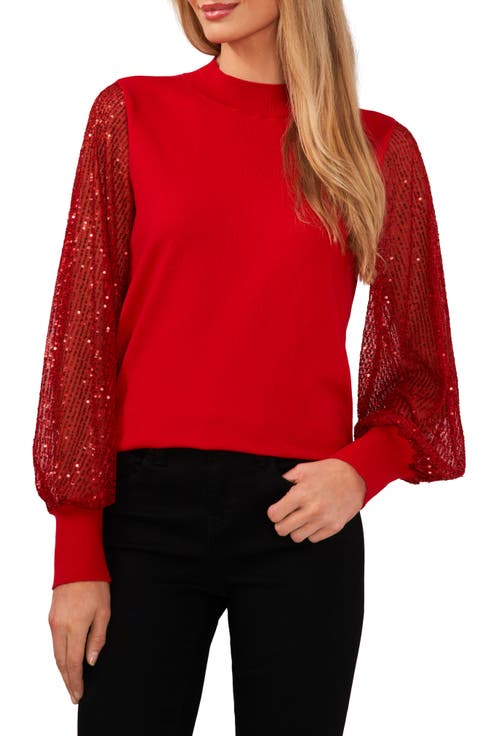 Sequin Sleeve Mock Neck Sweater