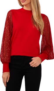 CeCe Sequin Sleeve Mock Neck Sweater