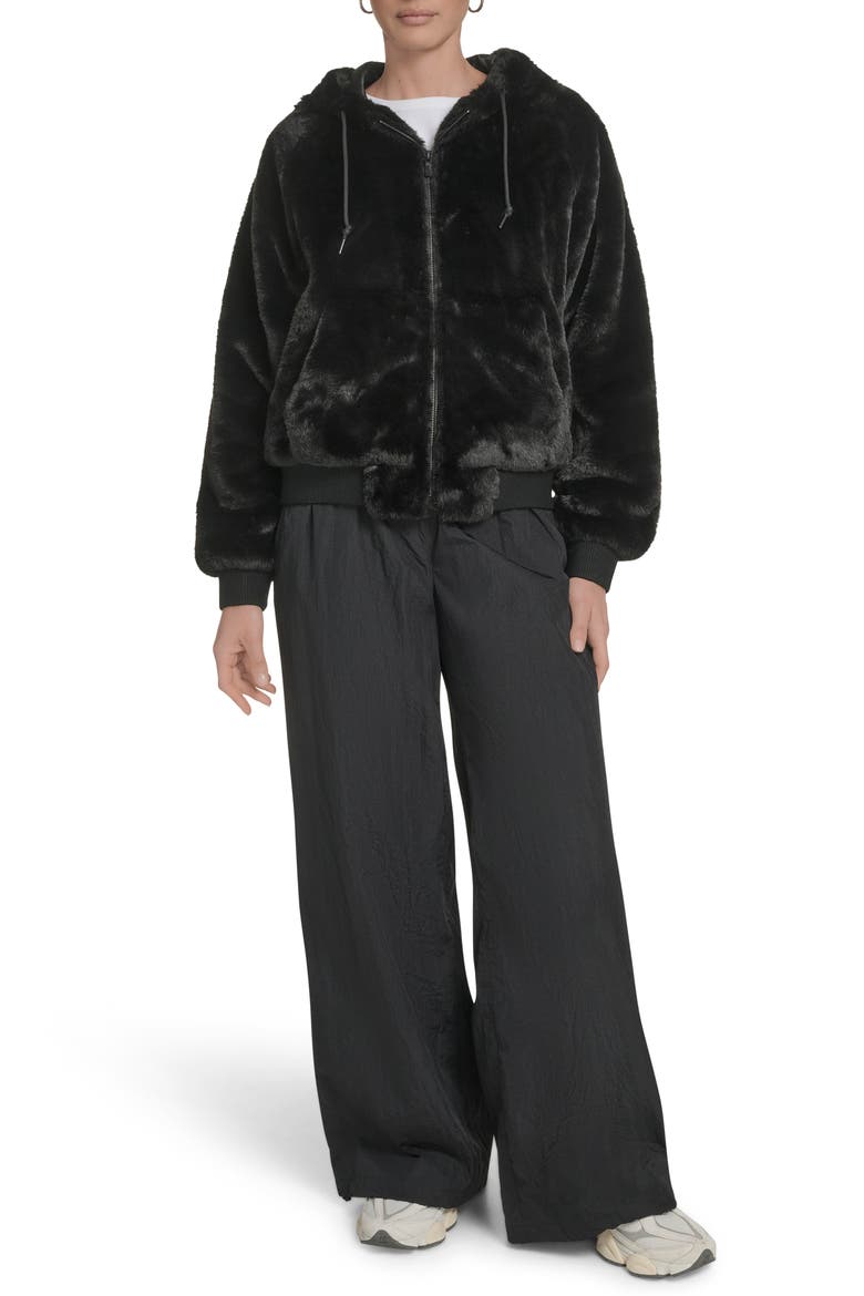 Faux Fur Bomber Hoodie, Alternate, color, BLACK