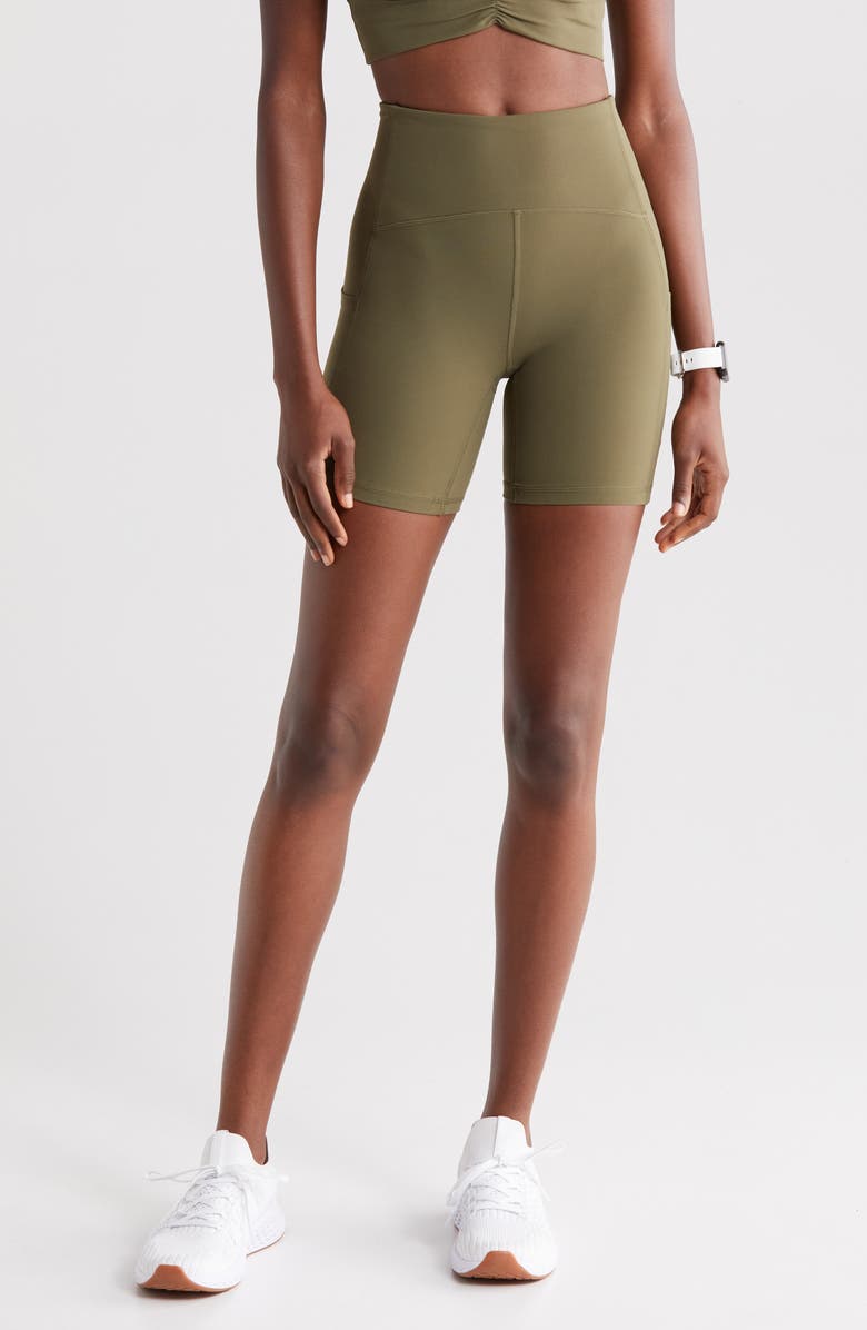 Zella Studio Luxe Pocket Bike Shorts, Main, color, Olive Night