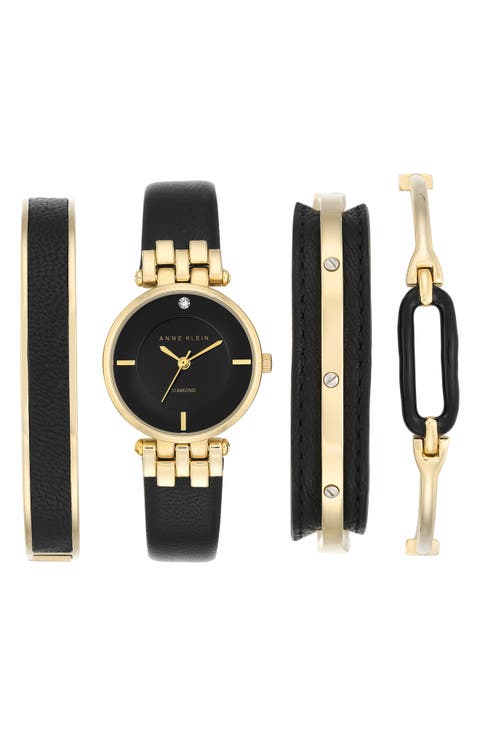 Leather Strap Watch & Bracelet Set