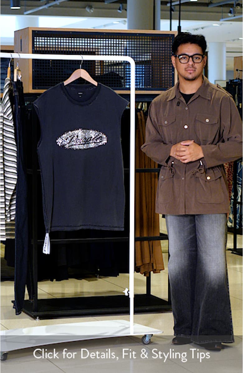 Sleeveless Textured Cotton Sequin Graphic T-Shirt, sales video thumbnail