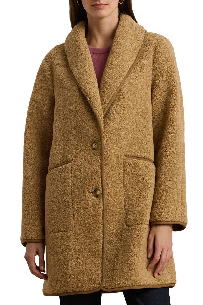 Shawl Collar Faux Shearling Coat, Main, color, CAMEL