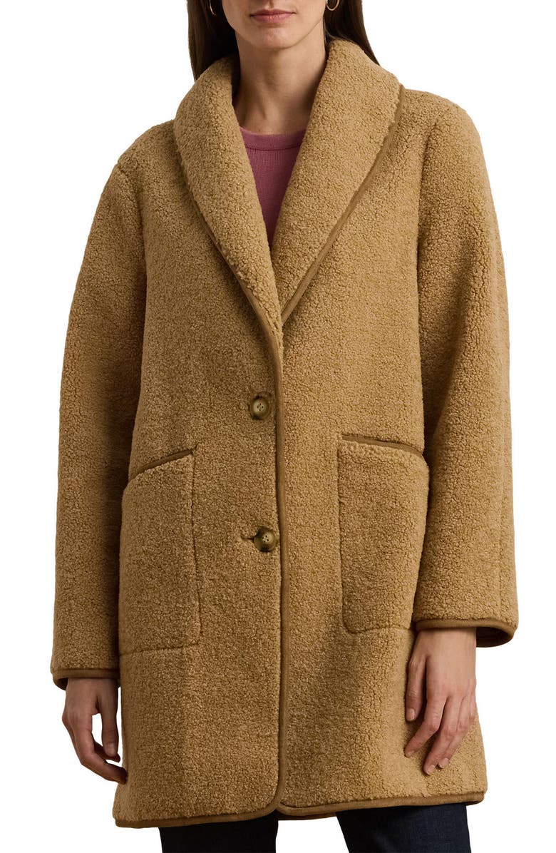 Lauren Ralph Lauren Shawl Collar Faux Shearling Coat, Main, color, Camel