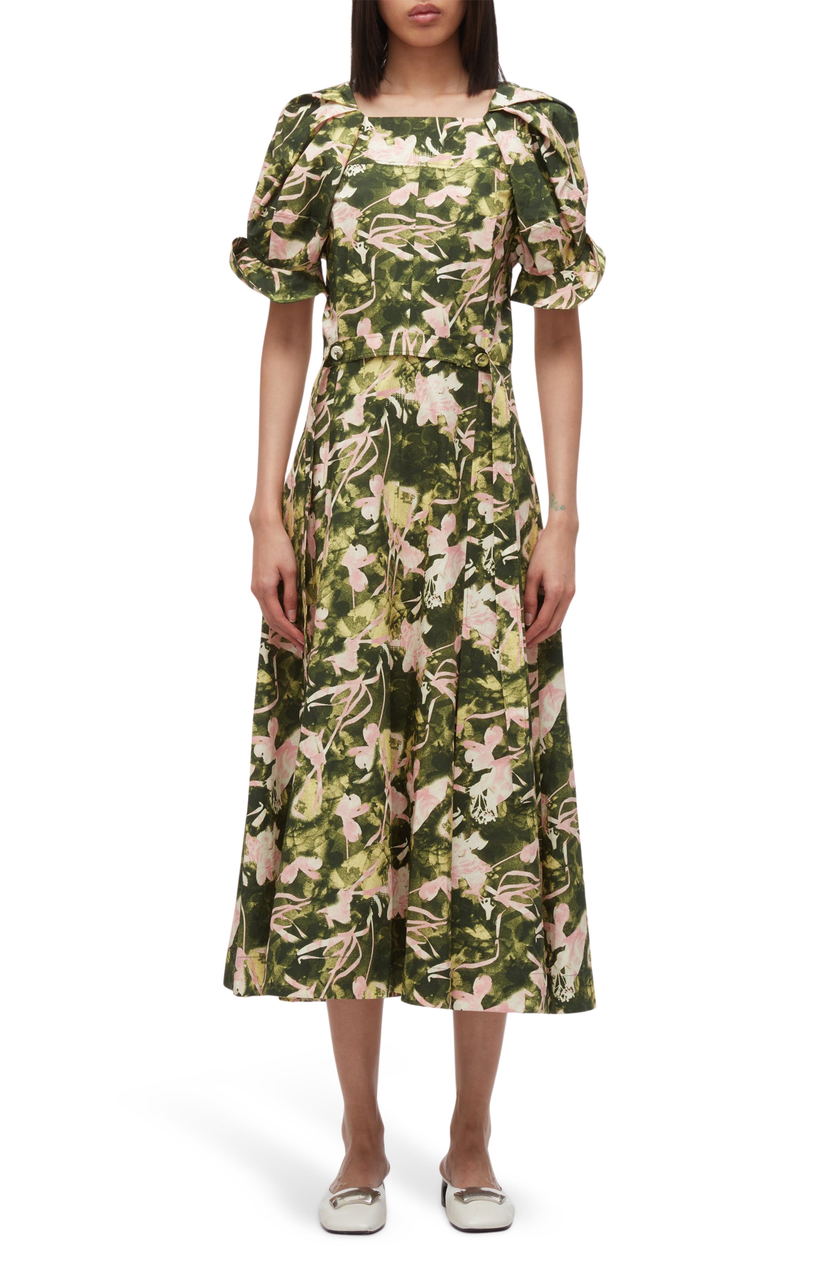 Bloom Sleeve Belted Cotton Midi Dress