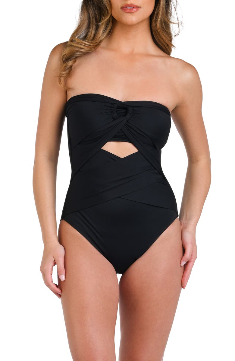 La Blanca Island Goddess Draped Bandeau One-Piece Swimsuit, Alternate, color, Black