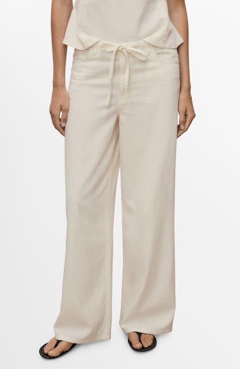 Drawstring Cotton & Linen Wide Leg Pants