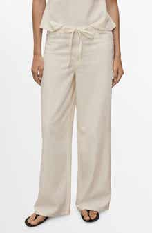 MANGO Drawstring Cotton & Linen Wide Leg Pants