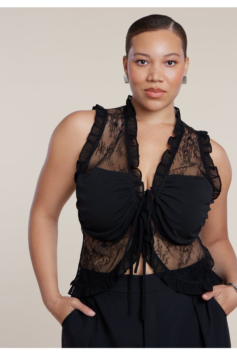 Ruffled Lace Top With Tie Detail, Main, color, BLACK ONYX