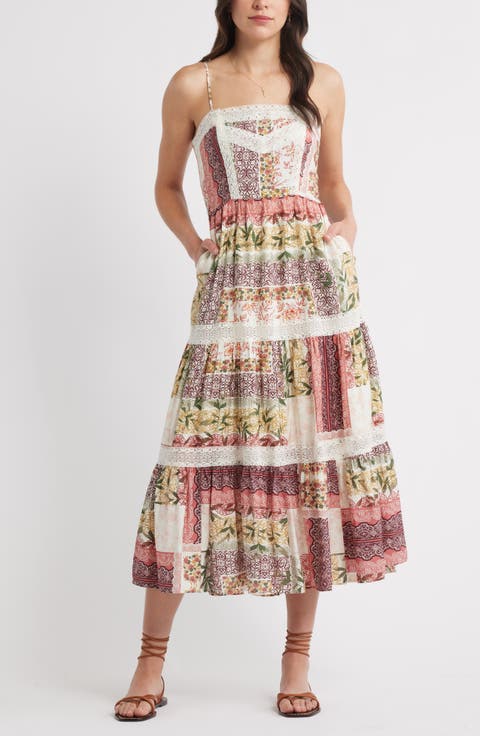 Lace Inset Patchwork Midi Dress