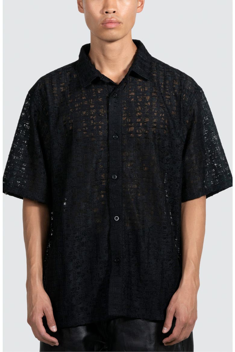 Lace Short Sleeve Button-Up Shirt, Main, color, BLACK