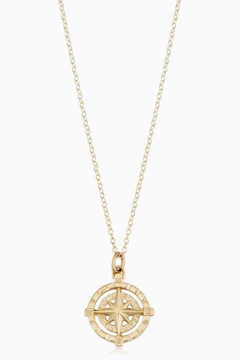 14K Gold Bold Compass Rose Pendant Necklace