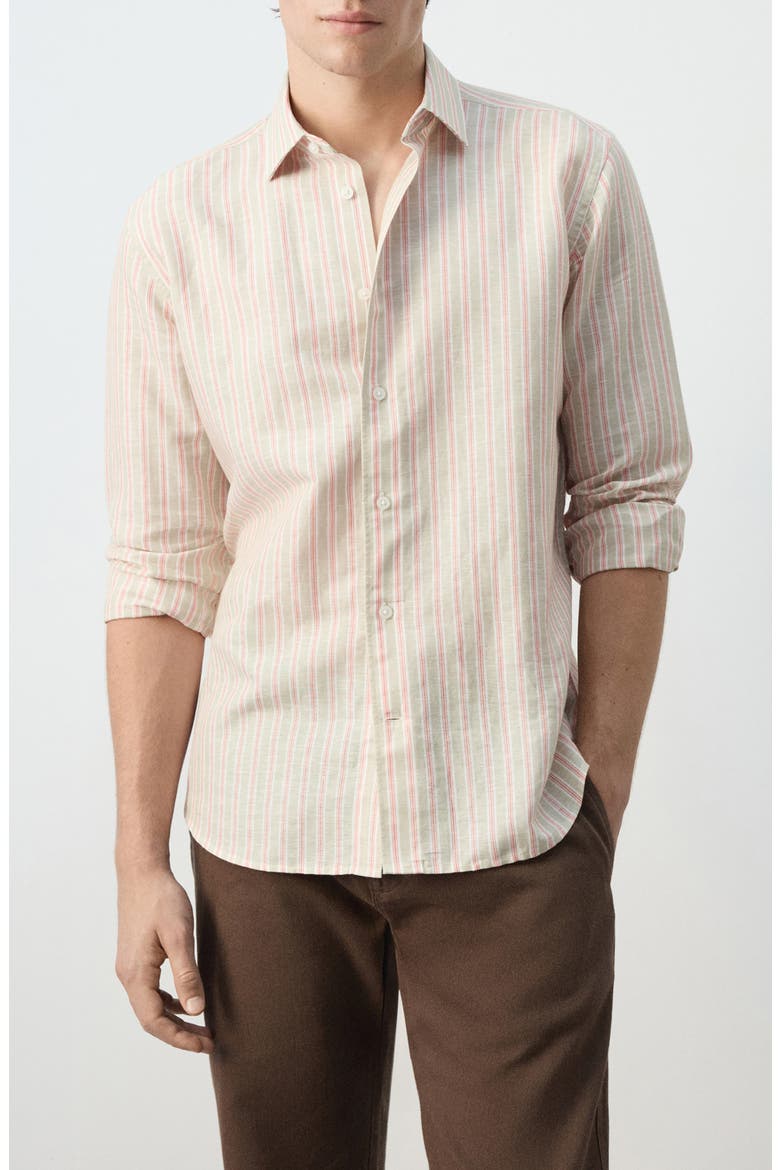 Stripe Linen Blend Button-Up Shirt, Main, color, ORANGE