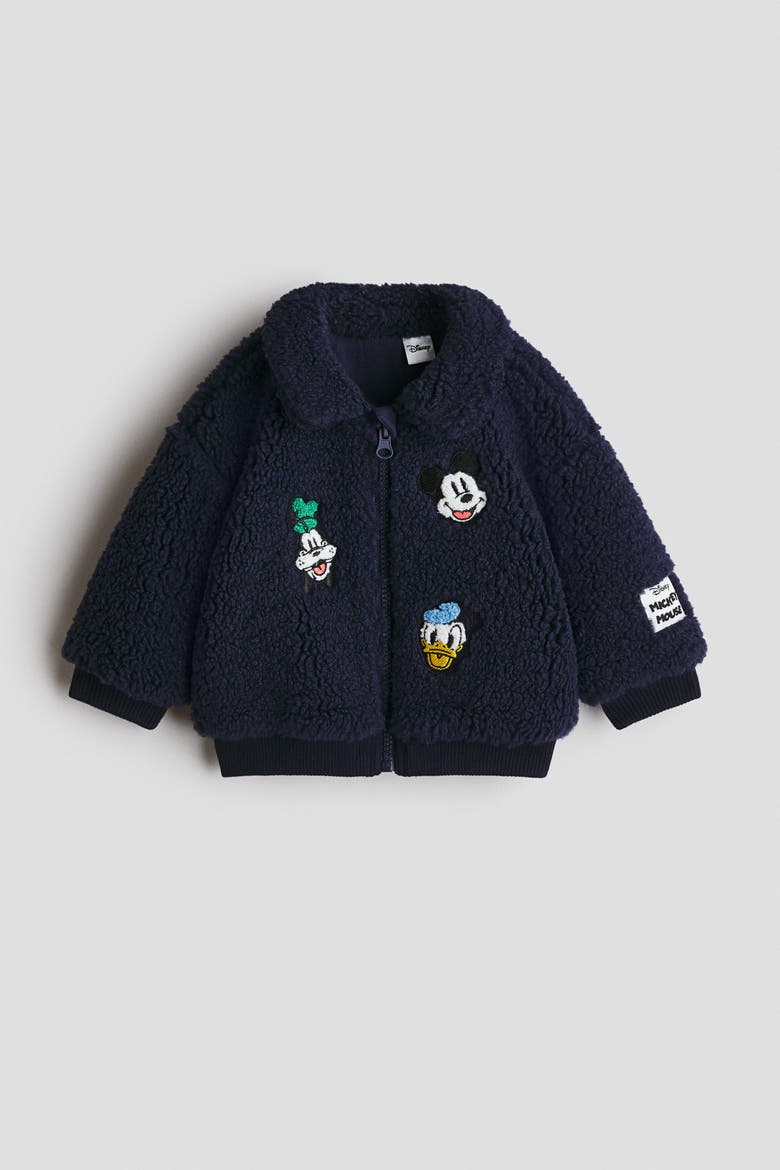 Embroidery-detail Teddy Jacket, Alternate, color, Navy blue/Mickey Mouse