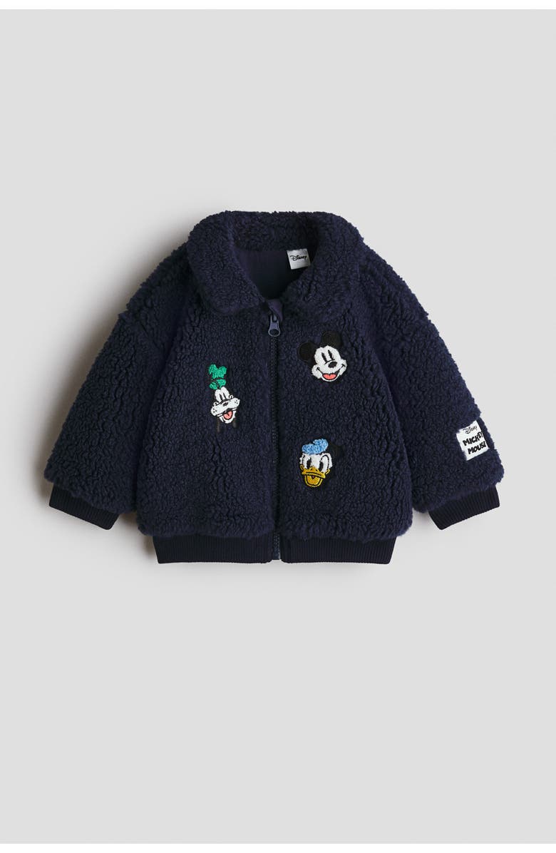 H&M Embroidery-detail Teddy Jacket, Alternate, color, Navy Blue/Mickey Mouse