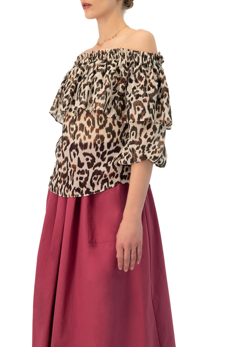 IVONNE Bardot Animal Print Blouse, Alternate, color, Brown