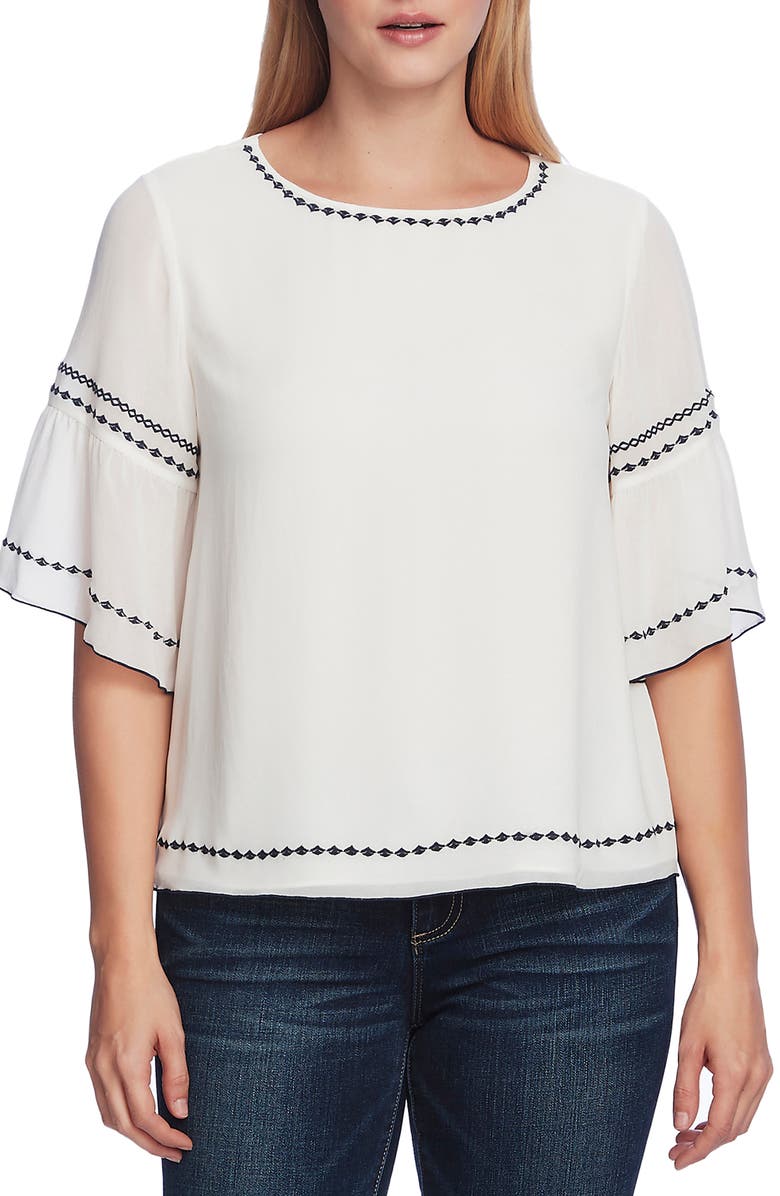 Vince Camuto Embroidered Bell Sleeve Chiffon Blouse, Main, color,