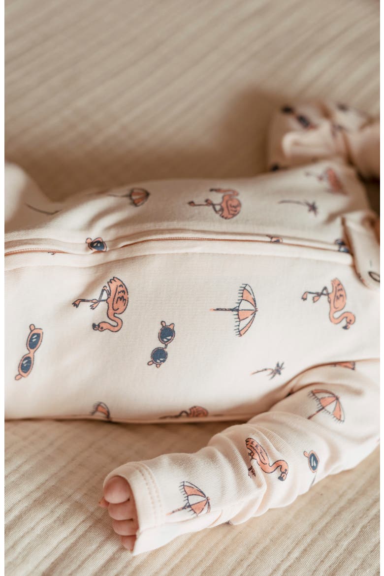 Print Organic Cotton Zip Footie, Alternate, color, FLAMINGO