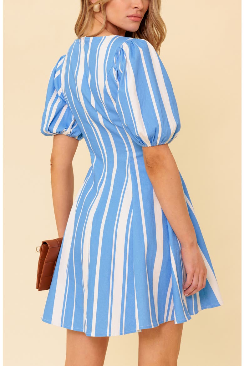 Stripe Puff Sleeve Fit & Flare Minidress, Alternate, color, IVORY BLUE