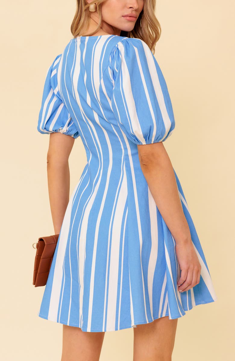 FLYING TOMATO Stripe Puff Sleeve Fit & Flare Minidress, Alternate, color, Ivory Blue
