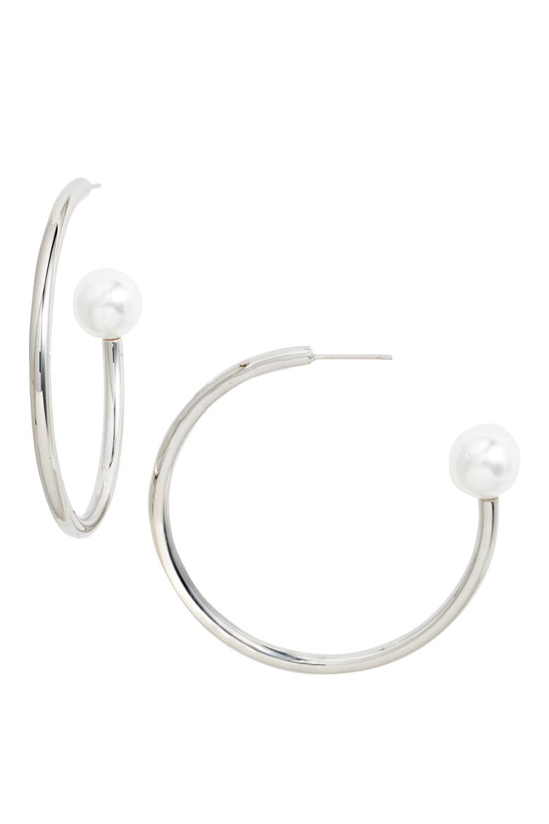 Pearly End Hoop Earrings, Main, color, RHODIUM