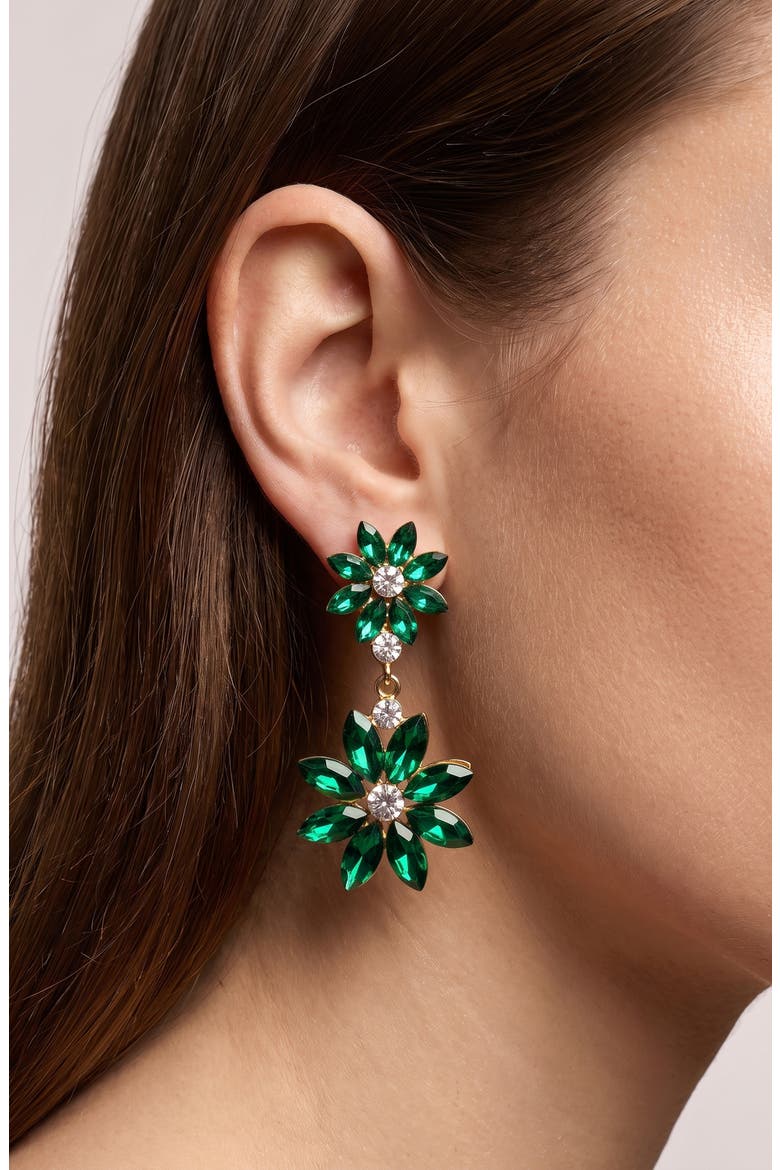 Double Flower Drop Earrings, Alternate, color, GREEN/ GOLD