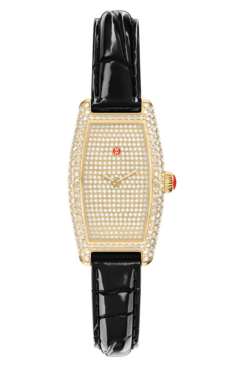 Pavé Diamond Tonneau Leather Strap Watch, 23mm x 40mm, Main, color, BLACK