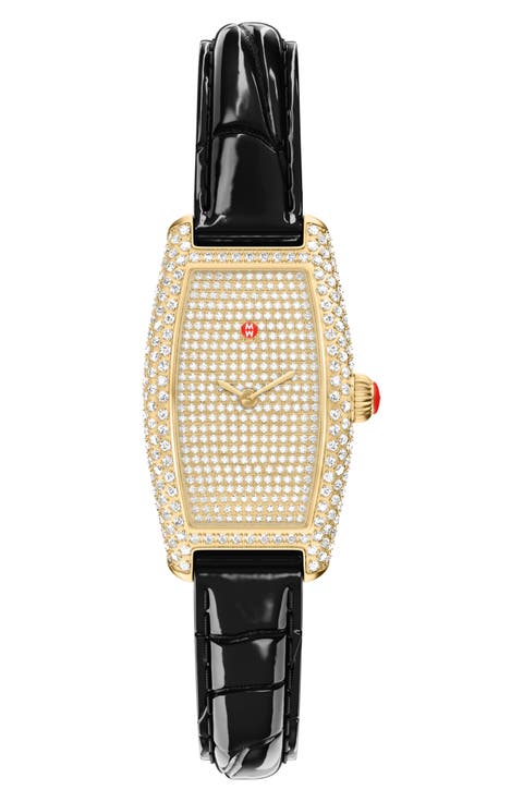 Pavé Diamond Tonneau Leather Strap Watch, 23mm x 40mm