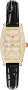MICHELE Pavé Diamond Tonneau Leather Strap Watch, 23mm x 40mm