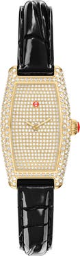 MICHELE Pavé Diamond Tonneau Leather Strap Watch, 23mm x 40mm