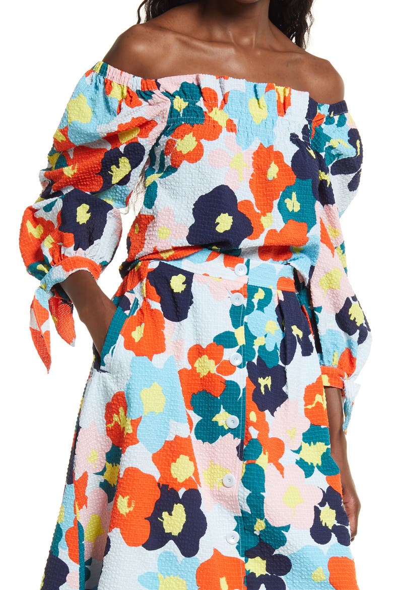 Cristina Martinez Print Poet Blouse, Main, color, BLUE FLORAL SMUDGE