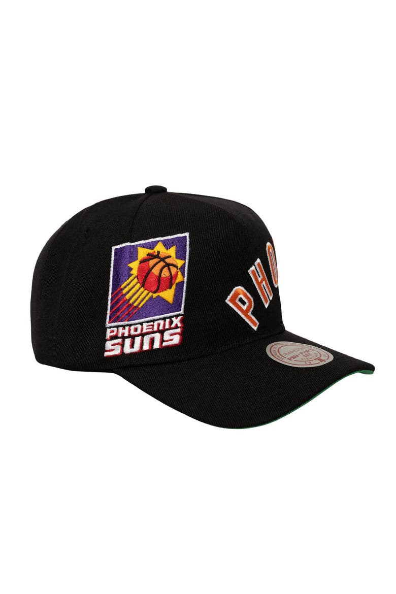 Men's Mitchell & Ness  Black Phoenix Suns Busted Logo Wordmark Wrap-Around Pro Pinch Adjustable Hat, Alternate, color, Black