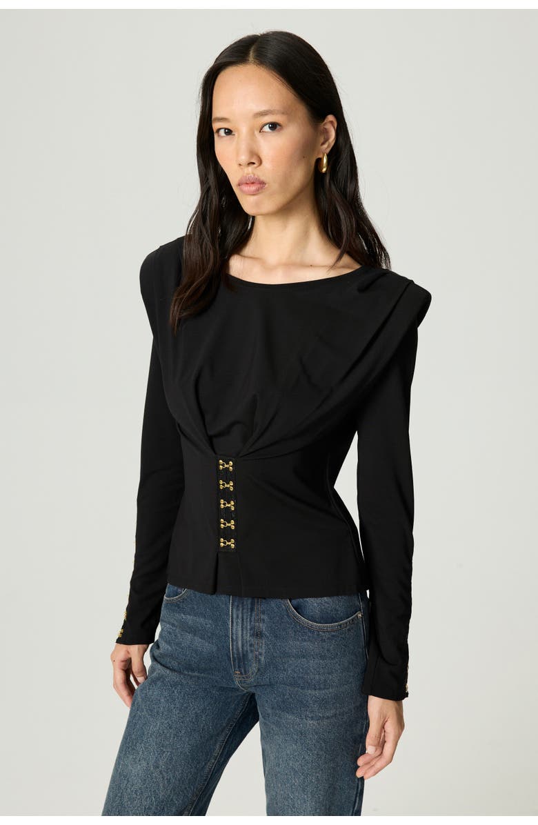 Nocturne Hook-Detail Pleated Knit Blouse, Alternate, color, Black