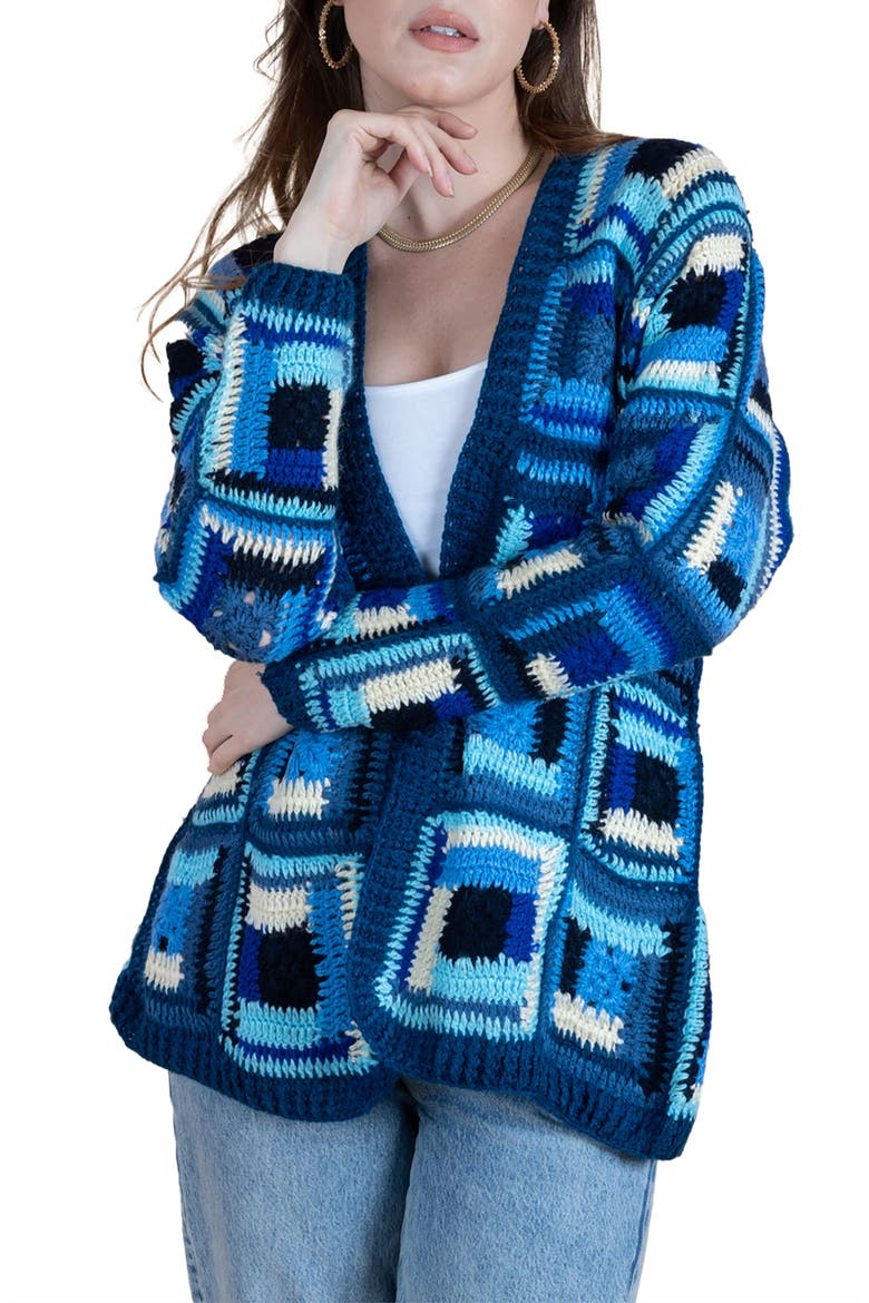Granny Square Crochet Cardigan, Main, color, BLUE