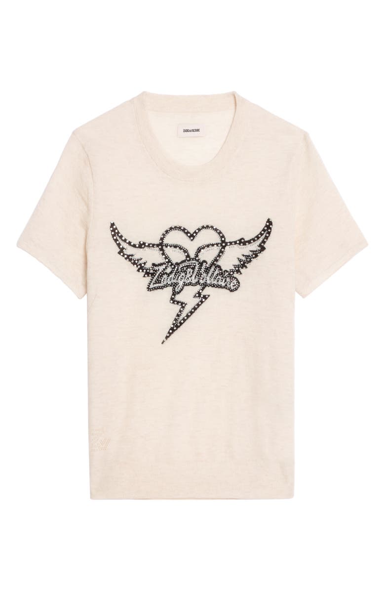 Zadig & Voltaire Idal Aero Heart Crystal Embellished Short Sleeve Cashmere Graphic Sweater, Alternate, color, Eggshell