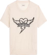Zadig & Voltaire Idal Aero Heart Crystal Embellished Short Sleeve Cashmere Graphic Sweater