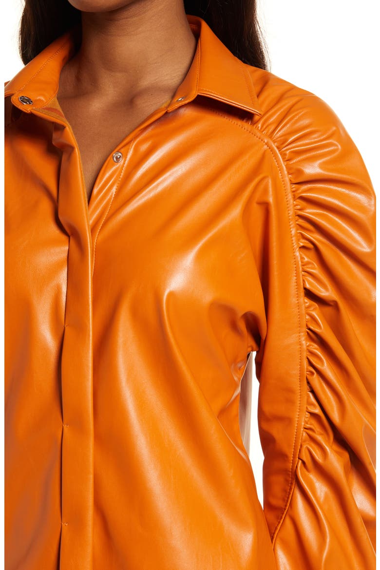 Ruched Puff Sleeve Faux Leather Shirt, Alternate, color, TAN