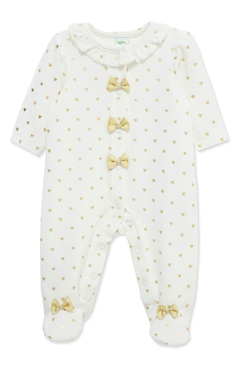 Little Me Gold Hearts Bow Velour Footie, Main, color, Ivory