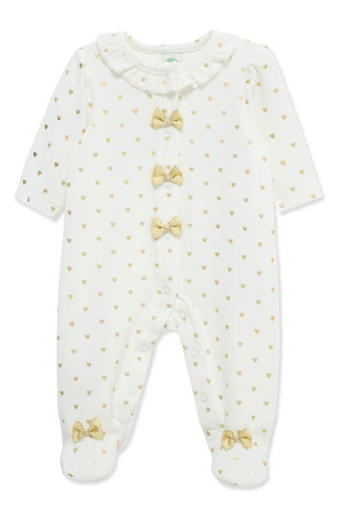 Gold Hearts Bow Velour Footie (Baby)