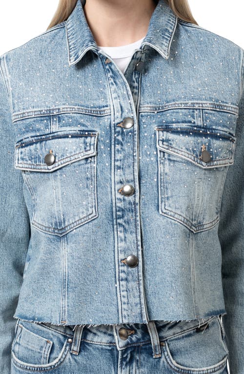 Mavi Jeans Thalia Shiny Crystal Embellished Raw Hem Denim Trucket Jacket In Shiny Mid Denim