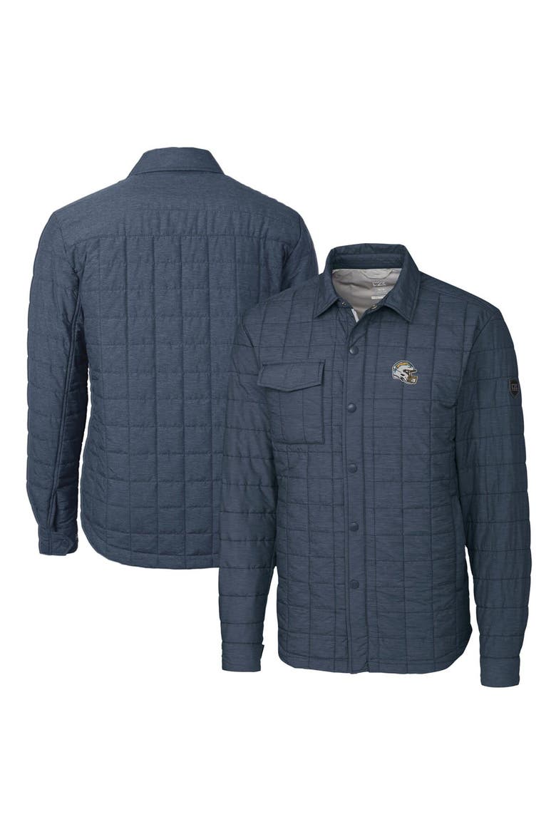 Men's Cutter & Buck  Heather Navy Los Angeles Chargers Helmet Rainier PrimaLoft Eco Insulated Quilted Button-Up Shacket, Main, color, Charcoal