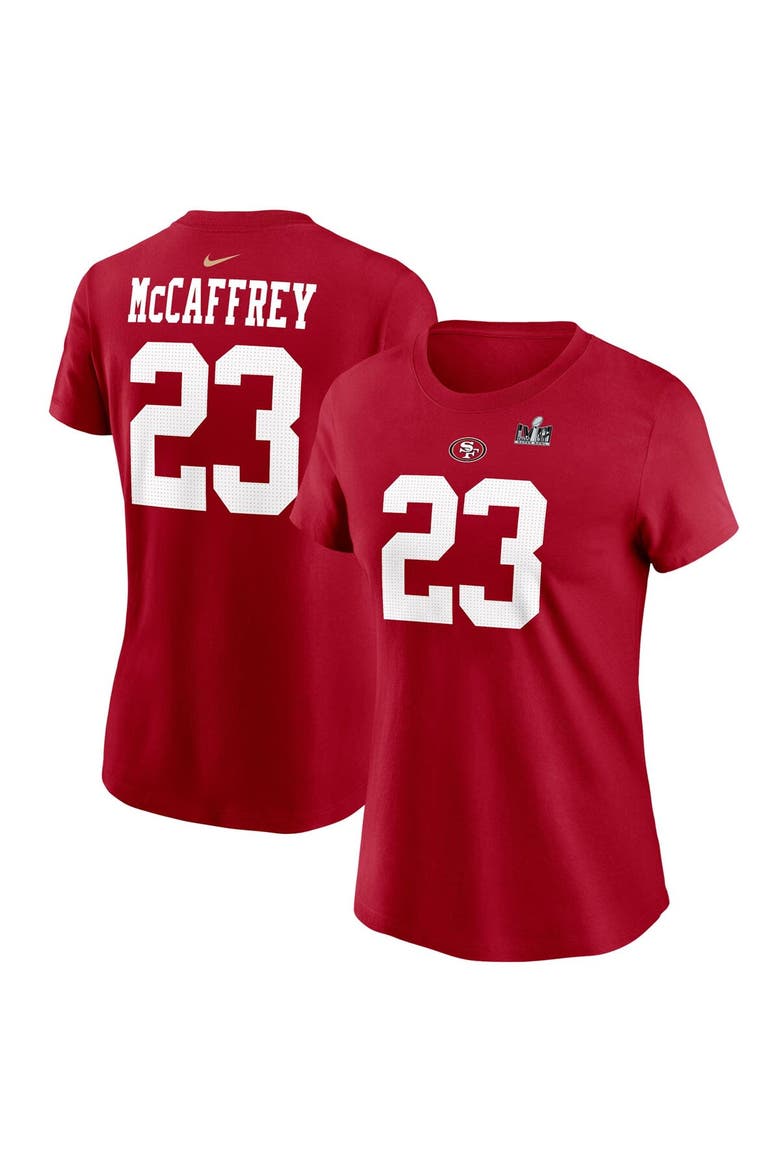 Women's Nike Christian McCaffrey Scarlet San Francisco 49ers Super Bowl LVIII Patch Player Name & Number T-Shirt, Main, color, Scarlet