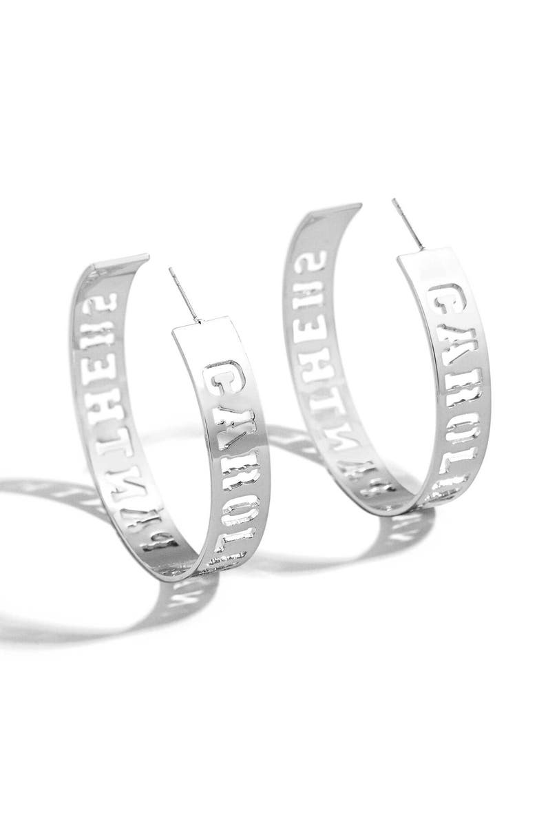 WEAR by Erin Andrews x Baublebar Silver Carolina Panthers Large Cutout Hoop Earrings, Main, color, Silver