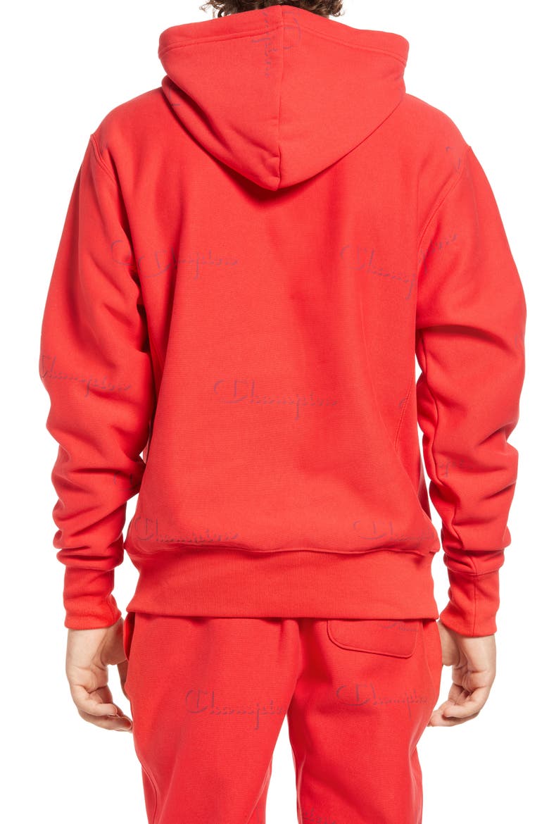 Reverse Weave® All Over Logo Hoodie, Alternate, color, SCRIPT DROP SHADOW SCARLET