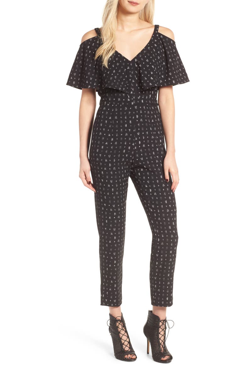 Cold Shoulder Jumpsuit, Main, color, BLACK SKETCHED CUBE