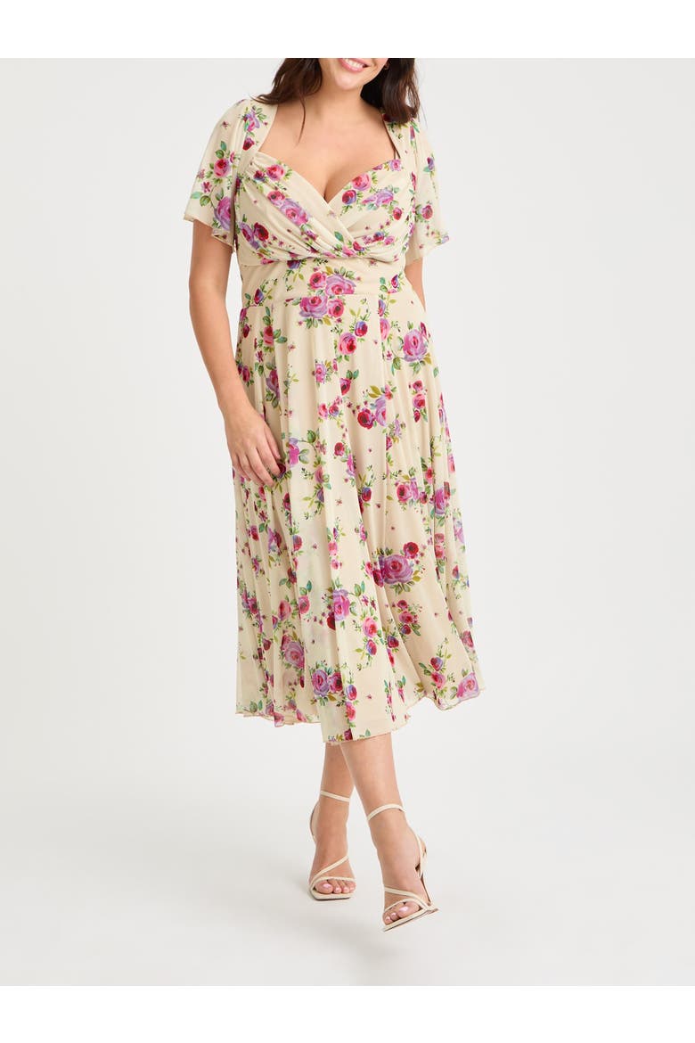 Liz Floral Bolero Wrap Bodice Midi Dress, Alternate, color, Vintage Cream Rose