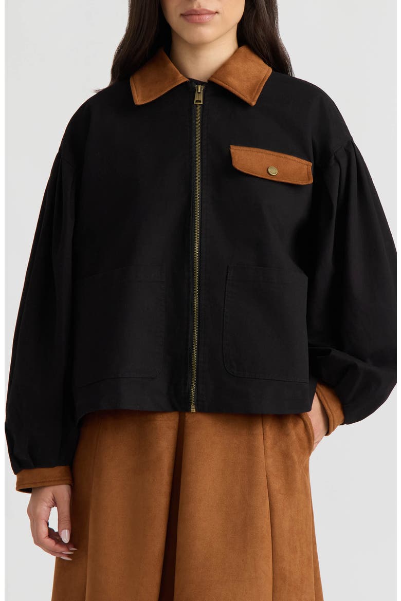 Zip Front Jacket with Bubble Sleeves, Main, color, BLACK