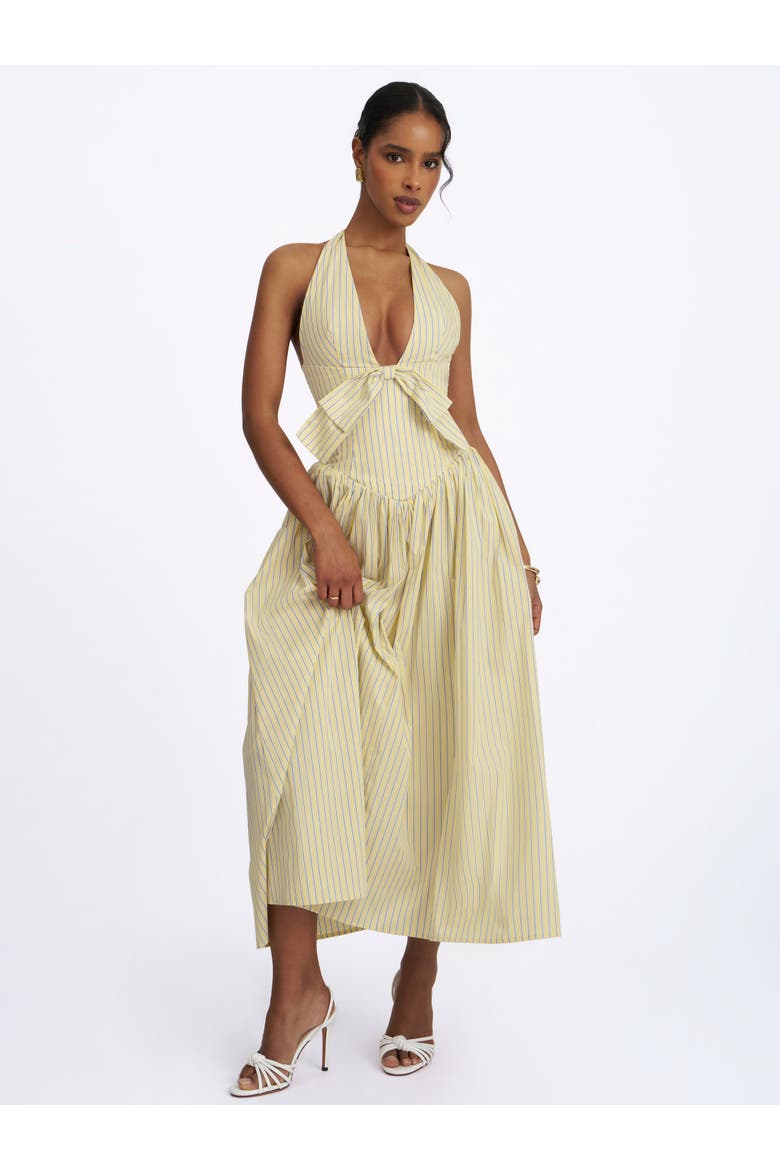 Talise Cotton Poplin Stripe Plunging Halter Maxi Dress, Alternate, color, Yellow