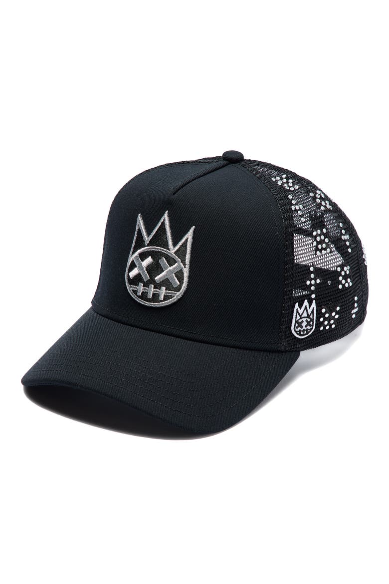 Shimuchan Logo Crystal Embellished Trucker Hat, Main, color, BLACK